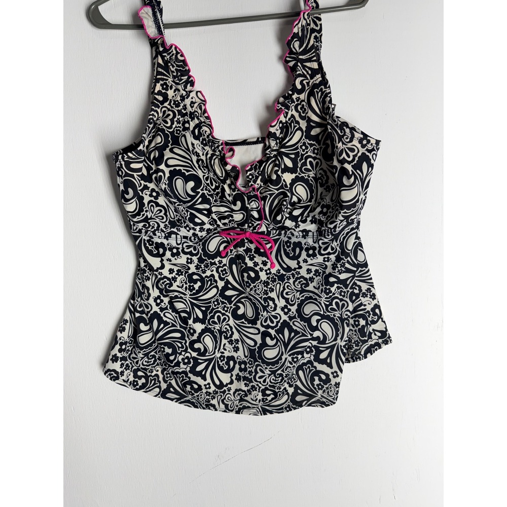 Kim Rogers Swim Tankini Top 20W Plus Size Black White Paisley Pink Ruffle Trim
